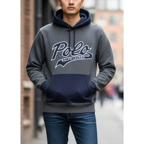 Polo Ralph Lauren Performance Unisex S Gray Navy Blue Hoodie Sweatshirt Perfect