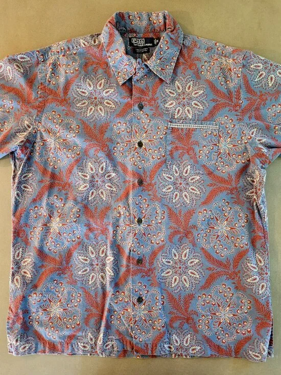 Polo Ralph Lauren Vintage Camp 100% Cotton Button Front Blue & Red Shirt Size M