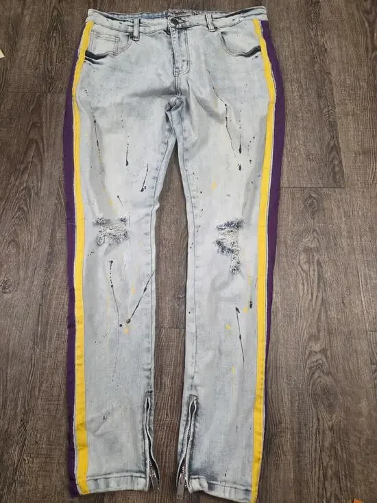 DENIM CITY Street Wear Light Wash Skinny Jeans Paint Splatter Purple Yellow 34