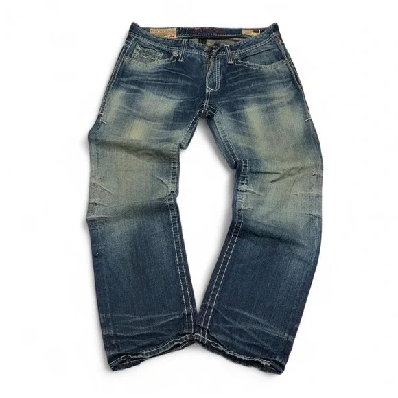 Rivet De Cru Andrew Mens wide leg Blue Jeans Thick Stitch 36x34 Faded