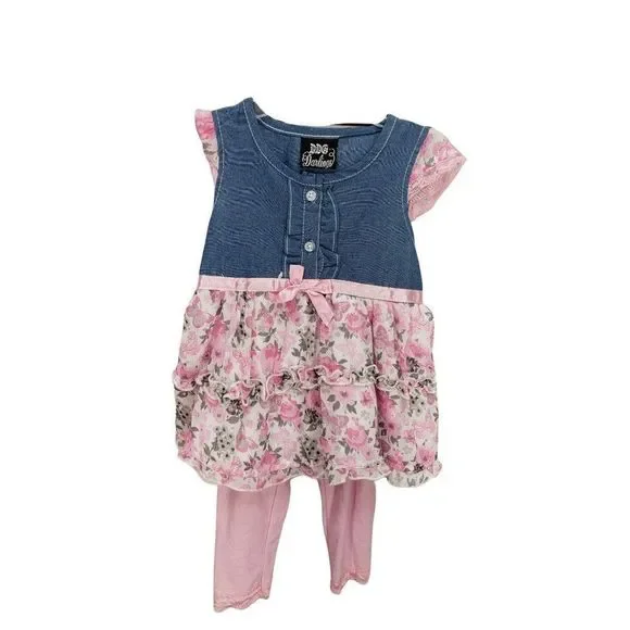 DDG‎ Darling 12 months 2 piece outfit floral denim top pink leggings tights