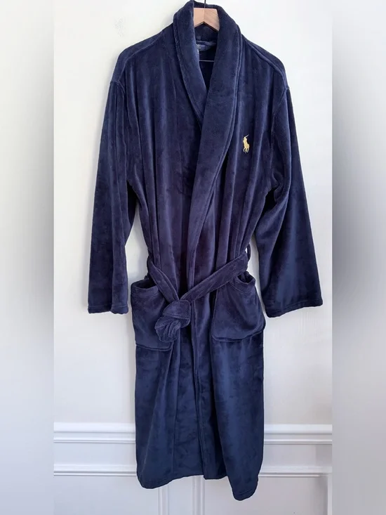 Polo Ralph Lauren Men's Microfiber Plush Navy Blue Shawl Collar Robe big pony