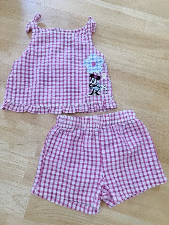 Y2K Disney Baby Minnie Mouse Seer Sucker Plaid Two Piece Outfit Baby 3-6 Months