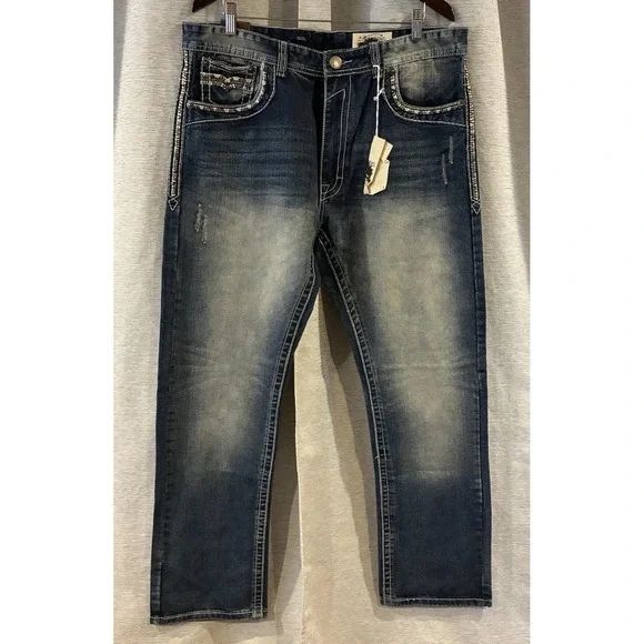 GS-115 Jeans Mens 36 Blue Premium Straight Leg Contrast Stitch Streetwear Denim