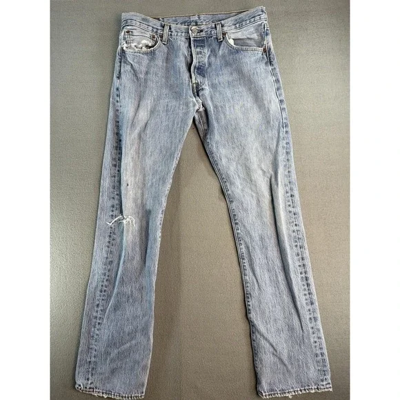 VTG Levis 501 Jeans Mens 34x34 Light Wash Blue Regular Straight Distressed Denim