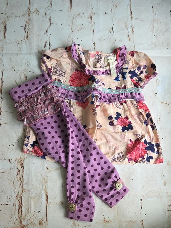 Matilda Jane Floral Ruffle Baby Set with Polka Dot Leggings - Pink & Purple