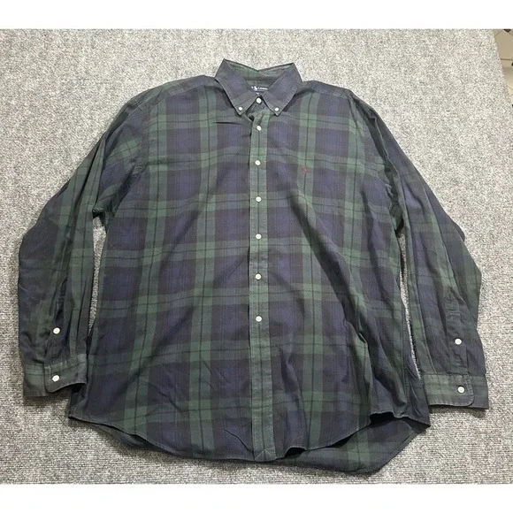 VTG Polo Ralph Lauren Blue Green Blackwatch Plaid Button Down Blake Men's XL
