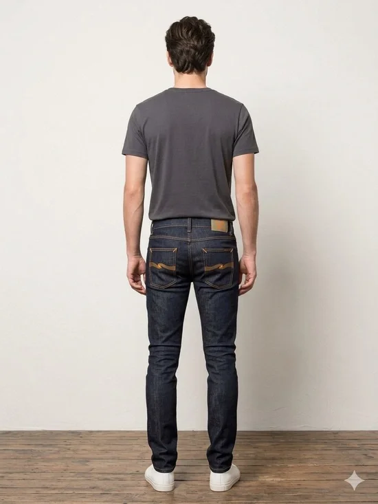 Men’s Nudie Jeans Skinny Lin Dark Wash w/Orange Embroidery Size 29x32