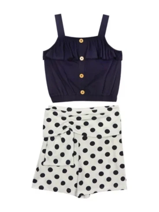 Rare Editions Girls Knit Button Front Top W/Ruffles & Polka Dot Print Shorts 2T