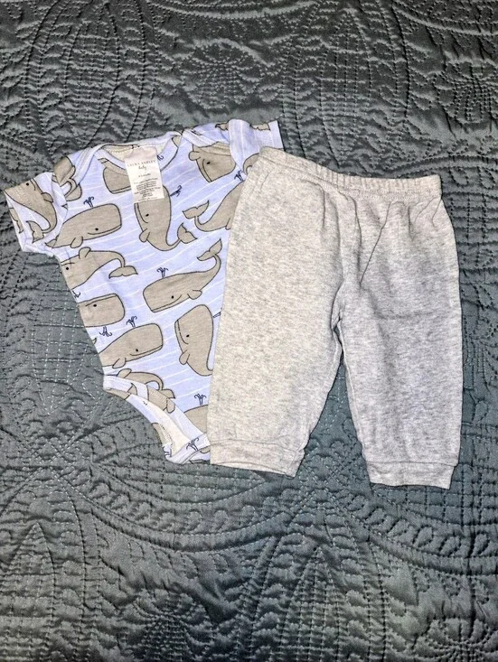 Laura Ashley Baby Boy's 6-9M Cotton Whale Print Onesie with Gray Pants