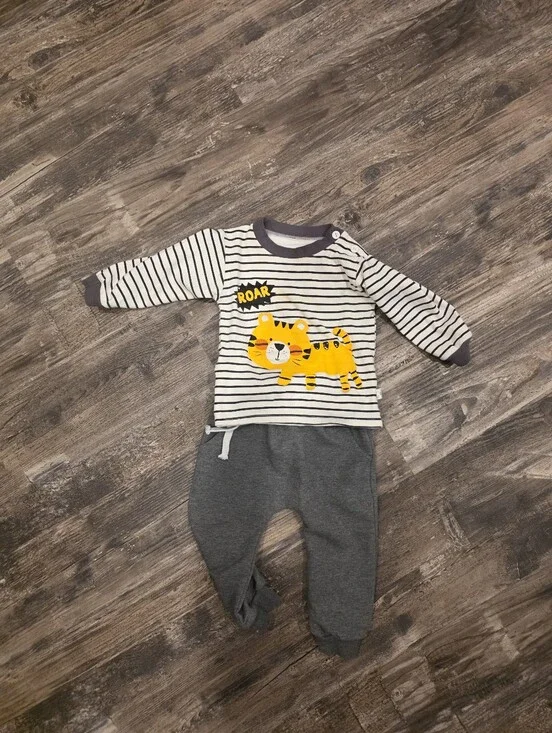 Striped Gray & White Kids One-Piece with Yellow Tiger
