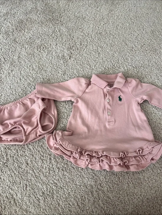 Ralph Lauren Baby Pink Polo Dress with Ruffle Hem and Bloomer
