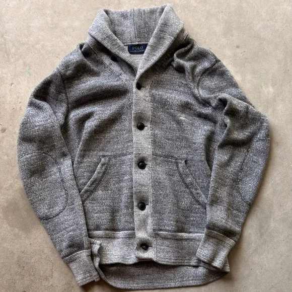 Polo Ralph Lauren Mens XS Grey Shawl Collar Cardigan Sweater Elbow Patches