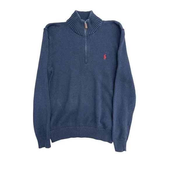 Polo Ralph Lauren Mens Navy Blue Cotton Quarter Zip Pullover Sweater Size M