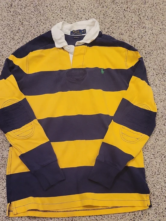 Polo Ralph Lauren Rugby Yellow Navy Striped Long Sleeve Collar Mens Medium