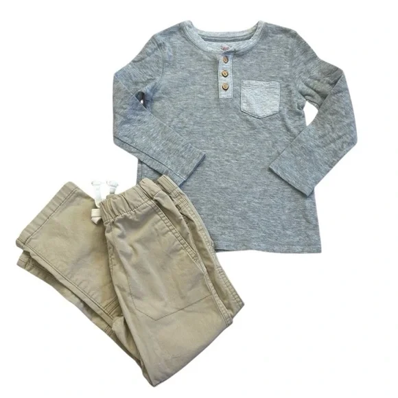 Cat and Jack Boys Gray‎ Long Sleeve Shirt and Tan Pants Set 5T/5