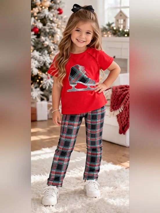 Wonder‎ Nation Girls Plaid Legging Set Ice Skate Top Red Holiday Outfit Size 7