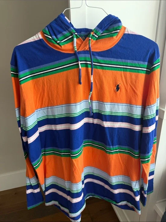 Polo by Ralph Lauren Orange & Blue Striped Long Sleeve Hoodie Shirt