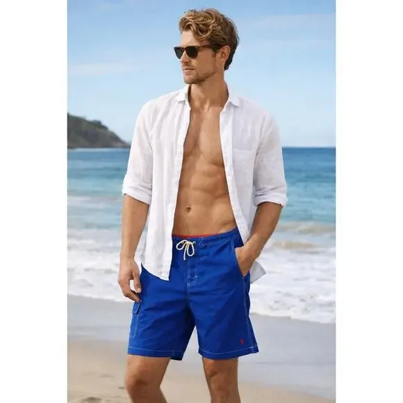 Polo Ralph Lauren Swim Trunks Blue Cargo Board Shorts Mesh Lined Size XL