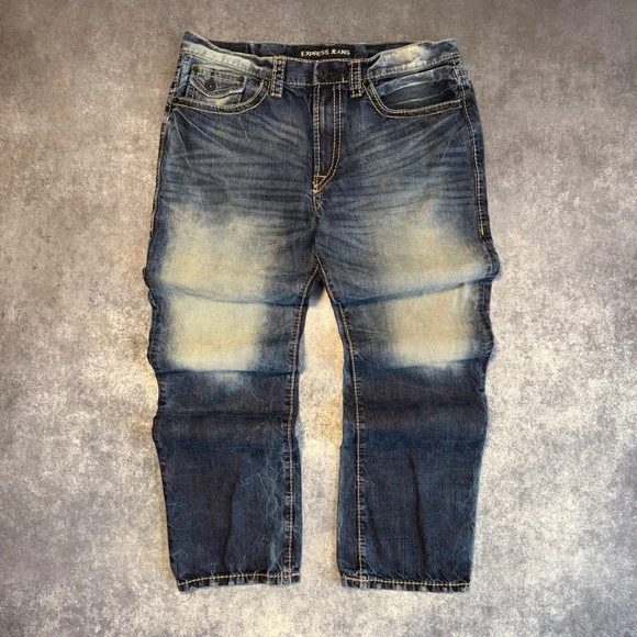 Express Jeans Blake Loose Fit Boot Cut Mens 36x34 Blue Distressed Heavy Stitch