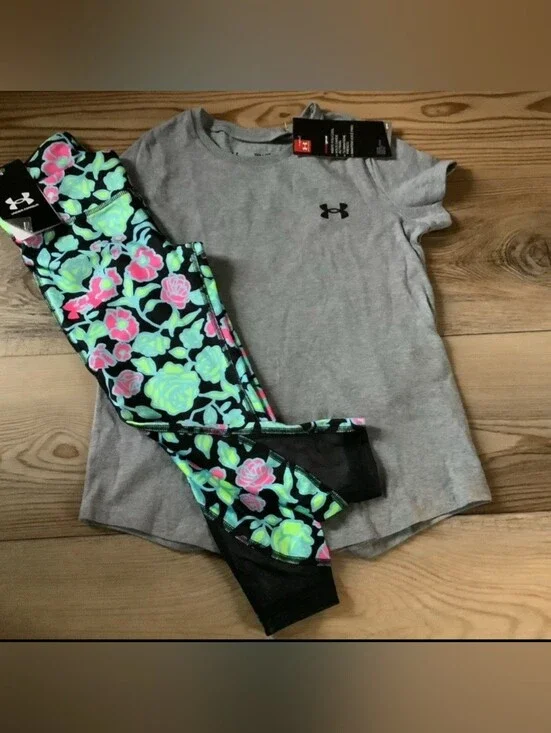Under Armour Girls Gray Logo Tee & Capri Leggings Outfit Size YXS(NWT)