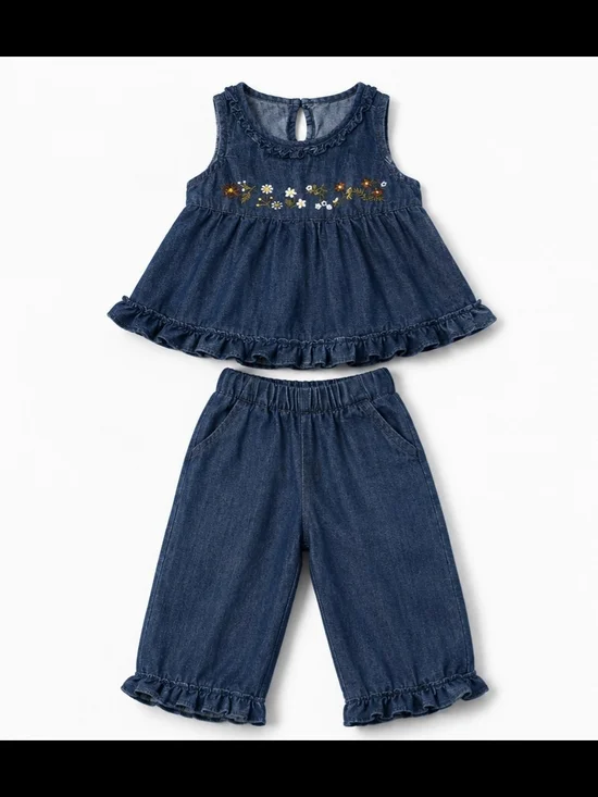 Girls 2-Piece Chambray Embroidered Floral Top & Ruffle Pants Set | Size 6Y