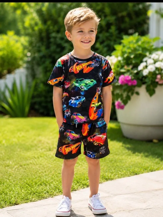 New Hot Wheels Theme Boys Boutique Short Set Summer Casual Cars Fun Comfy