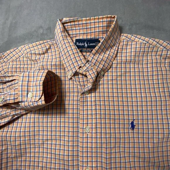 Polo Ralph Lauren Shirt Men Large Classic Fit‎ Peach Plaid Bright Casual Preppy