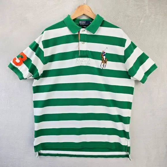 Polo Ralph Lauren Shirt Mens XL Green White Striped Flesh Big Pony 3 Rugby