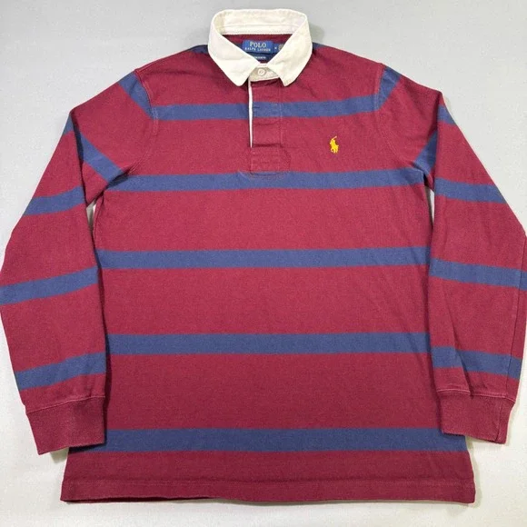 Polo Ralph Lauren Rugby Shirt Mens Medium Burgundy Navy Striped Custom Slim Fit