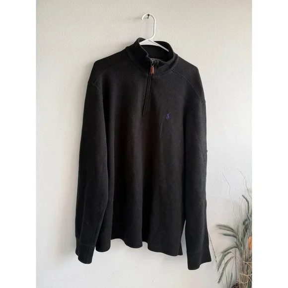 Polo Ralph Lauren Mens Black 100% Cotton Quarter Zip Pullover Sweater Large‎