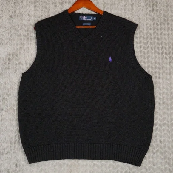 Polo Ralph Lauren Sweater Vest Men XL Black Purple Pony Logo 100% Cotton Knit