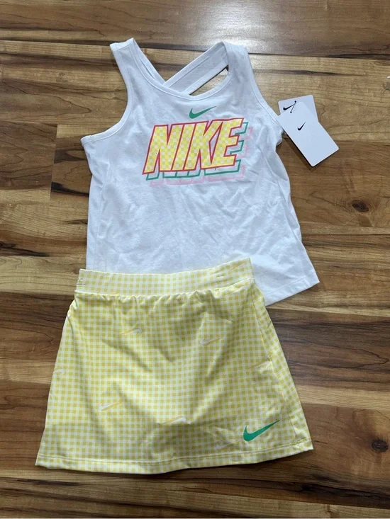 Nike Girls White Tank Top with Yellow Gingham Skort Set, New