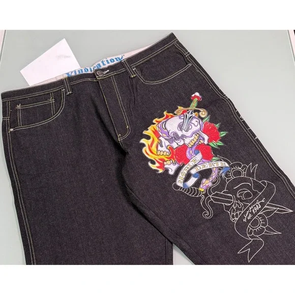 VTG Y2k Raw Blue Jeans Men 42x34 Black Denim Embroidered Embellish Skull Baggy‎