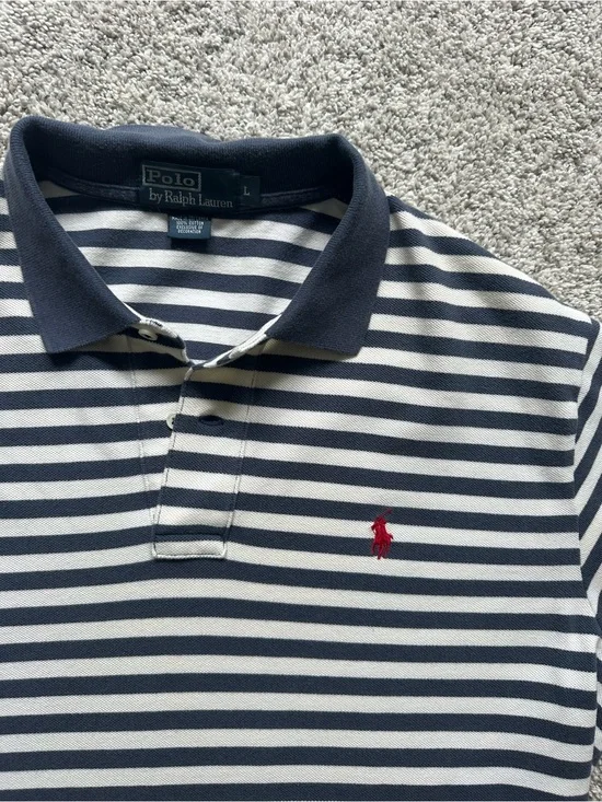 Polo by Ralph Lauren Navy & White Striped Polo with Red Pony Logo
