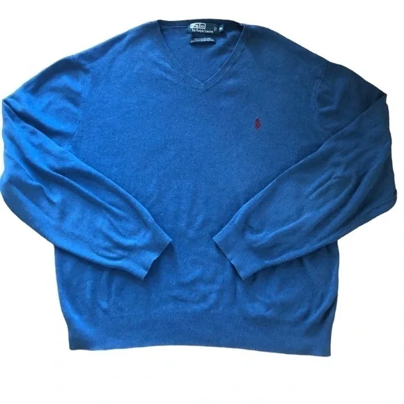 Polo Ralph Lauren 100% Pima Cotton Pullover Neck Sweater XL Red Pony Logo Blue