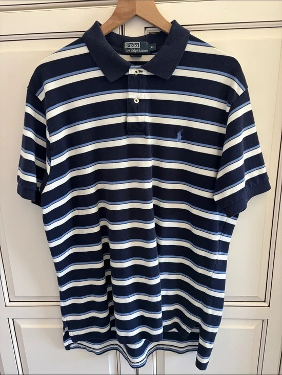 Vintage Polo Ralph Lauren Pique Blue Striped Short Sleeve Polo Shirt Mens‎ XL