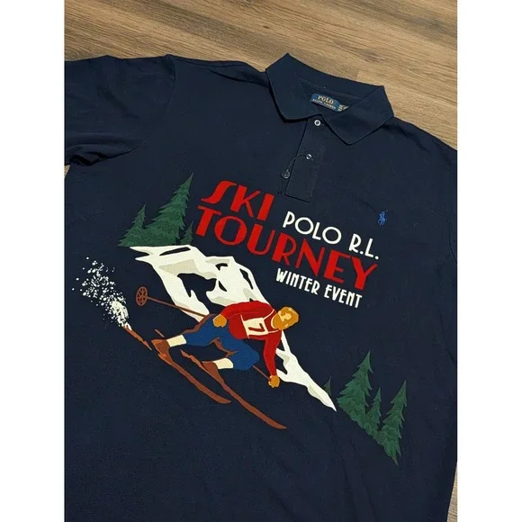 Polo Ralph Lauren Ski Tourney Winter Event Graphic Polo Shirt Navy Blue 3XLT