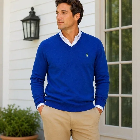 Polo‎ Ralph Lauren Cobalt Blue Sweater Mens XL Cotton Preppy Coastal Logo V-Neck