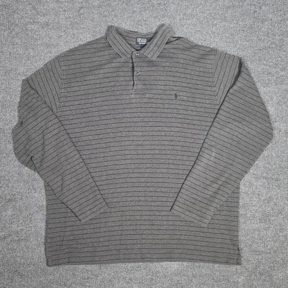 Polo Ralph Lauren Mens XL Long Sleeve Striped Polo Shirt Grey Blue Cotton Pony