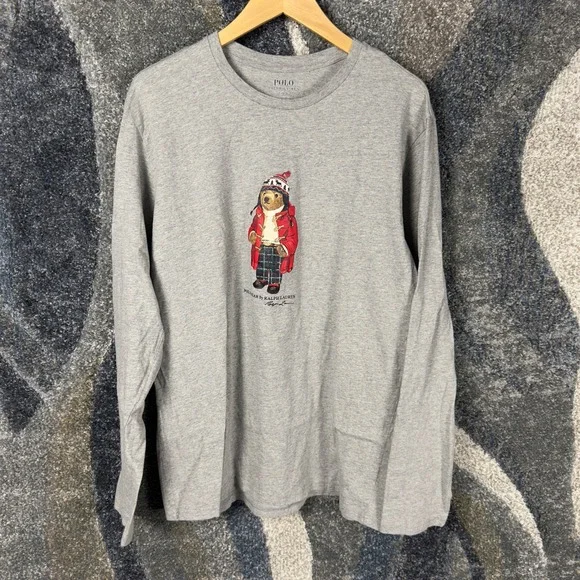 Polo‎ Ralph Lauren Polo Bear Tee Mens Large Grey Excellent Long Sleeve Graphic
