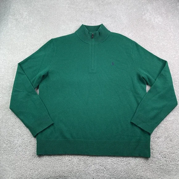 Polo Ralph Lauren Sweater Mens XXL Green Wool Quarter Zip Pullover Classic Logo