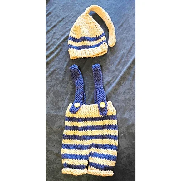 2pc Newborn Knit Striped Suspender Pants & Hat Beige/Blue Button