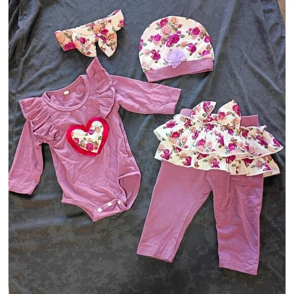 4pc Baby Girls Pink Floral Long Sleeve Bodysuit Pants Hat Headband 6-9M
