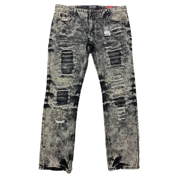 Contender Premium Men's Slim Straight Leg Patched Distressed Jeans Size 40x34