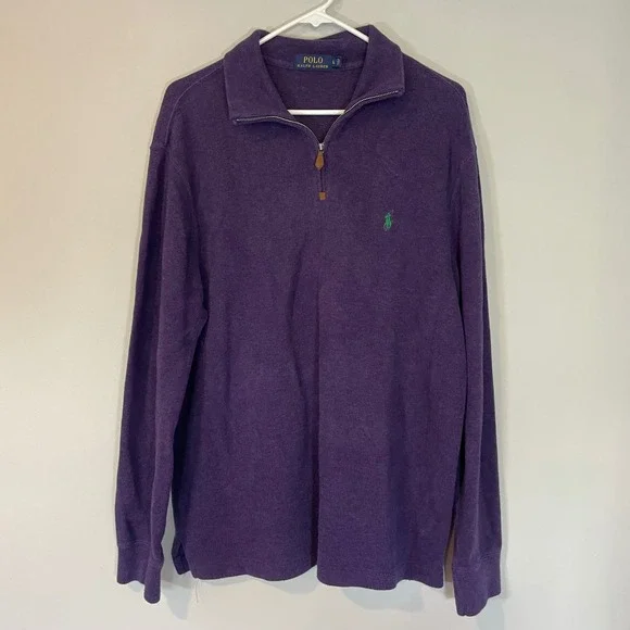 Polo Ralph Lauren Mens Purple Cotton Quarter Zip Pullover Sweater‎ Large Preppy