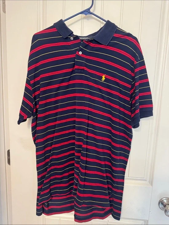 Polo by Ralph Lauren Navy Polo Shirt with Red & Yellow Stripes