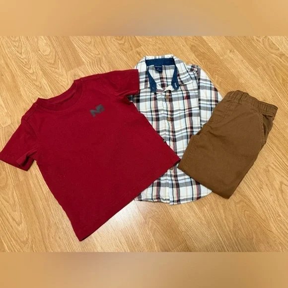 Nautica Red T-Shirt and Plaid Shirt with Brown Pants Set (Size 2T)