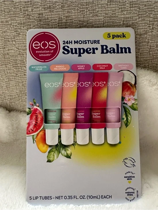 eos Super Balm 5-Pack Lip Tubes - pastel green, peach, yellow, red, light pink