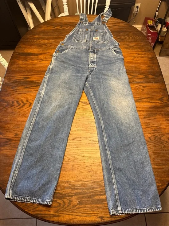 Vintage  90s ROUND HOUSE Blue Denim Carpenters Overalls 36-38”Waist 30